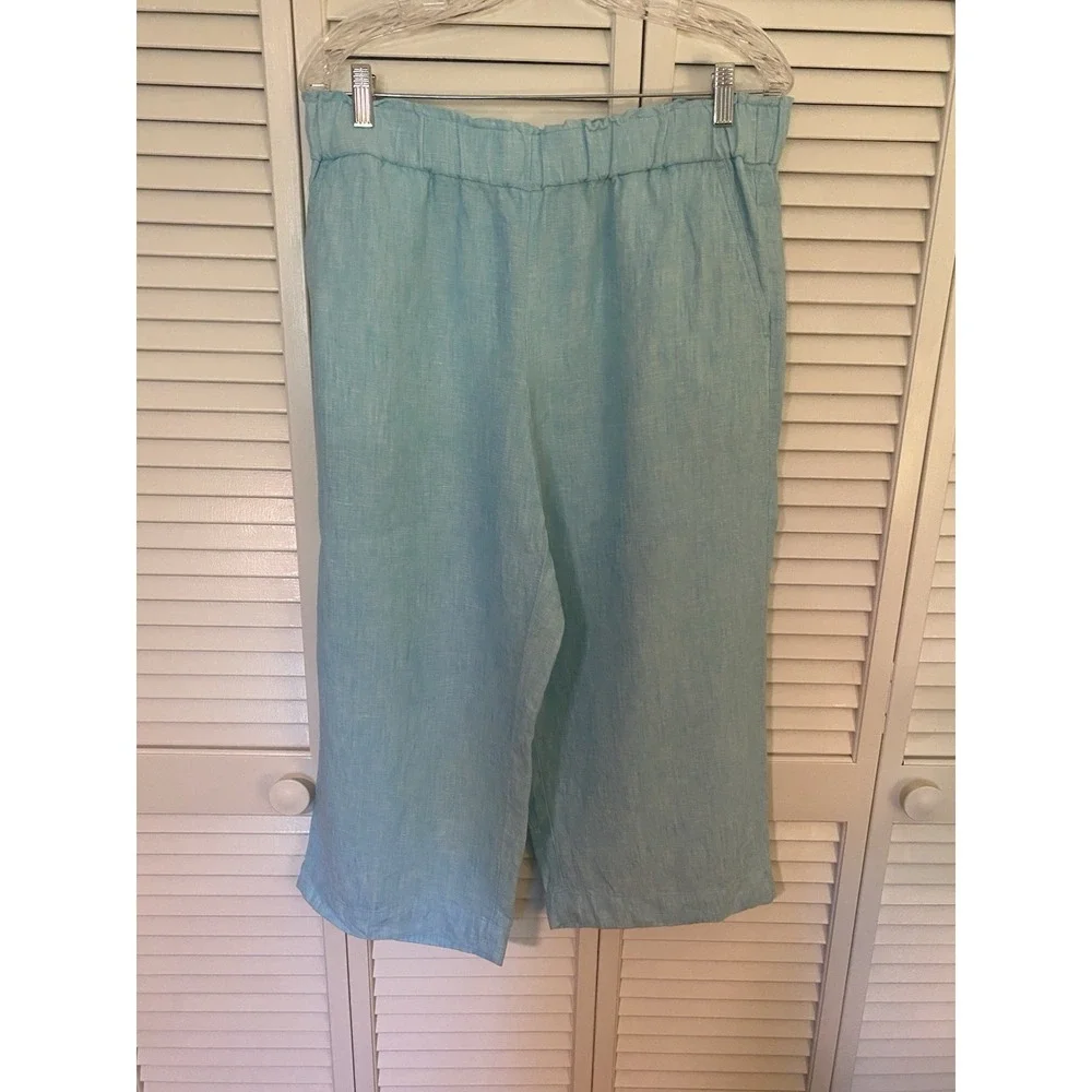 Talbots Nantucket Pull-On Wide‎ Leg Crop Linen Pants Aqua Blue Coastal Resort LP